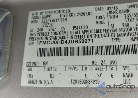 2018 Ford Escape Sel z USA, uszkodzony, nr VIN 1FMCU0HD4JUB58971